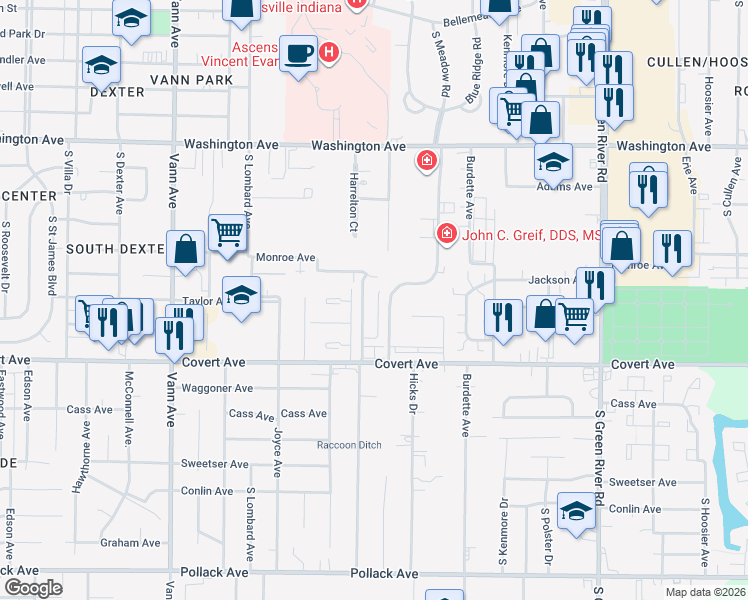 map of restaurants, bars, coffee shops, grocery stores, and more near 1415 Harrelton Drive in Evansville