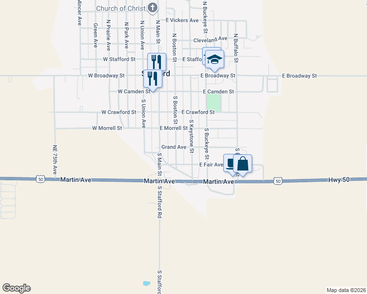 map of restaurants, bars, coffee shops, grocery stores, and more near 250 Grand Avenue in Stafford