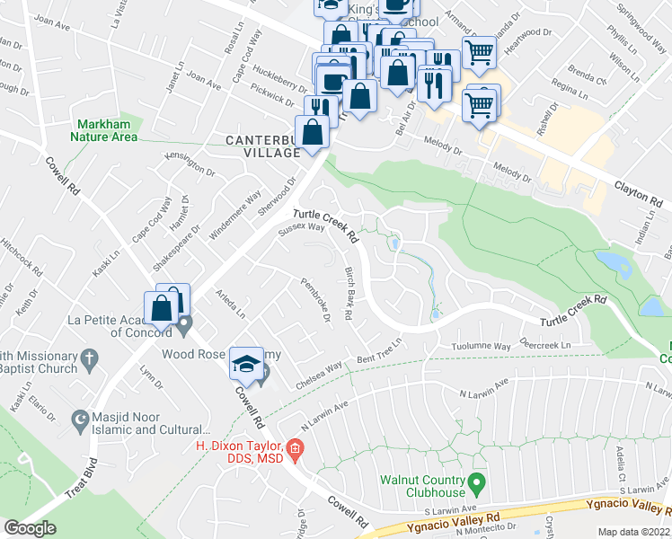 map of restaurants, bars, coffee shops, grocery stores, and more near 1390 Morning View Court in Concord