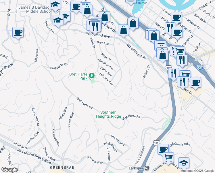 map of restaurants, bars, coffee shops, grocery stores, and more near 54 Hillview Avenue in San Rafael