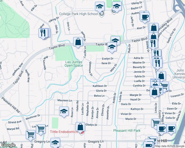 map of restaurants, bars, coffee shops, grocery stores, and more near 1674 Stanmore Drive in Pleasant Hill