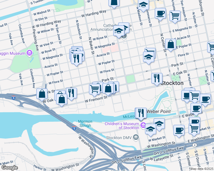 map of restaurants, bars, coffee shops, grocery stores, and more near 611 North Edison Street in Stockton