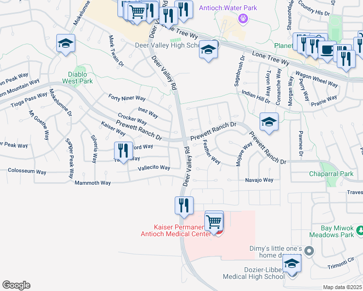 map of restaurants, bars, coffee shops, grocery stores, and more near 2613 Stanford Way in Antioch