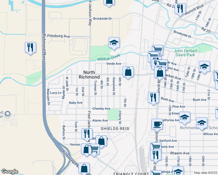 map of restaurants, bars, coffee shops, grocery stores, and more near 1650 5th Street in Richmond