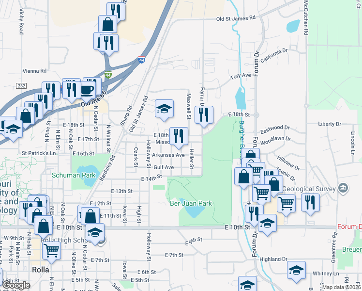 map of restaurants, bars, coffee shops, grocery stores, and more near 1613 Martin Street in Rolla
