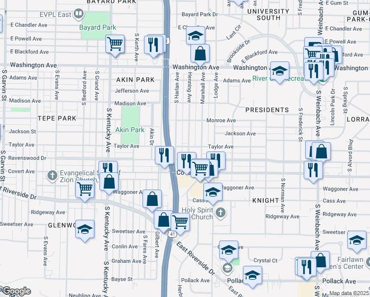 map of restaurants, bars, coffee shops, grocery stores, and more near 1415 Henning Avenue in Evansville