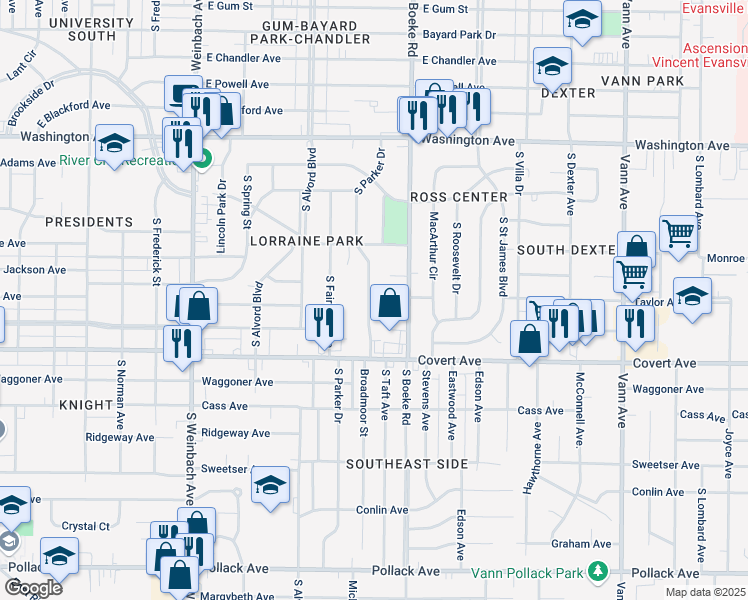 map of restaurants, bars, coffee shops, grocery stores, and more near 1418 South Parker Drive in Evansville