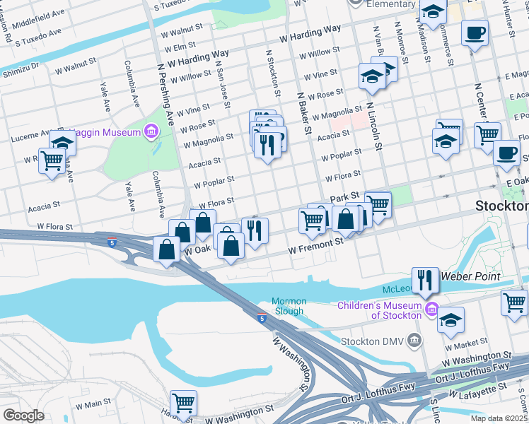 map of restaurants, bars, coffee shops, grocery stores, and more near 713 North Yosemite Street in Stockton