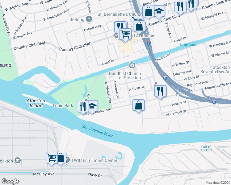 map of restaurants, bars, coffee shops, grocery stores, and more near 1251 Pinetree Drive in Stockton