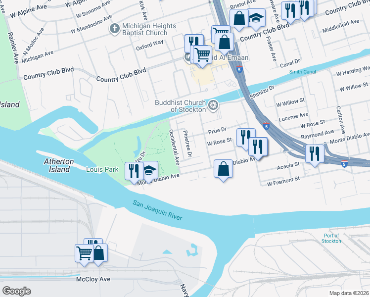 map of restaurants, bars, coffee shops, grocery stores, and more near 1251 Pinetree Drive in Stockton