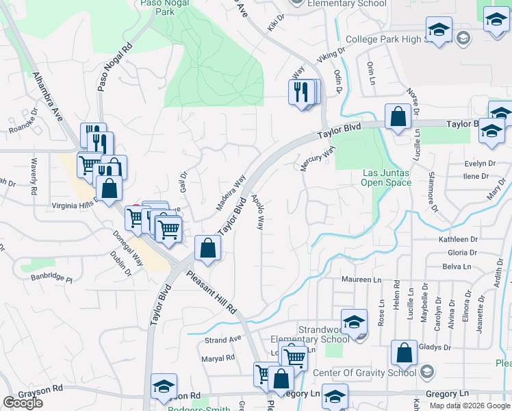 map of restaurants, bars, coffee shops, grocery stores, and more near 333 Apollo Way in Pleasant Hill