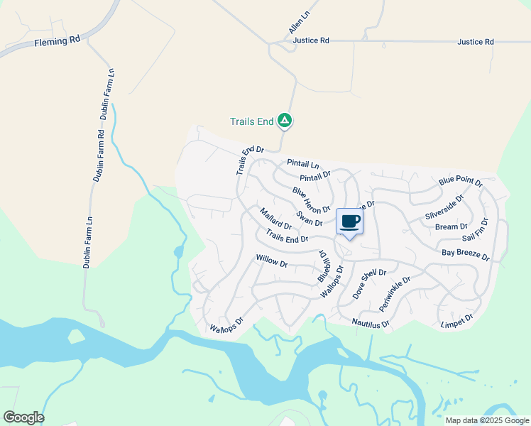 map of restaurants, bars, coffee shops, grocery stores, and more near Mallard Drive in Horntown
