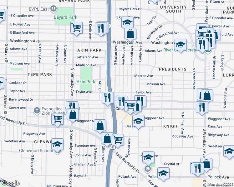 map of restaurants, bars, coffee shops, grocery stores, and more near 1415 Henning Avenue in Evansville
