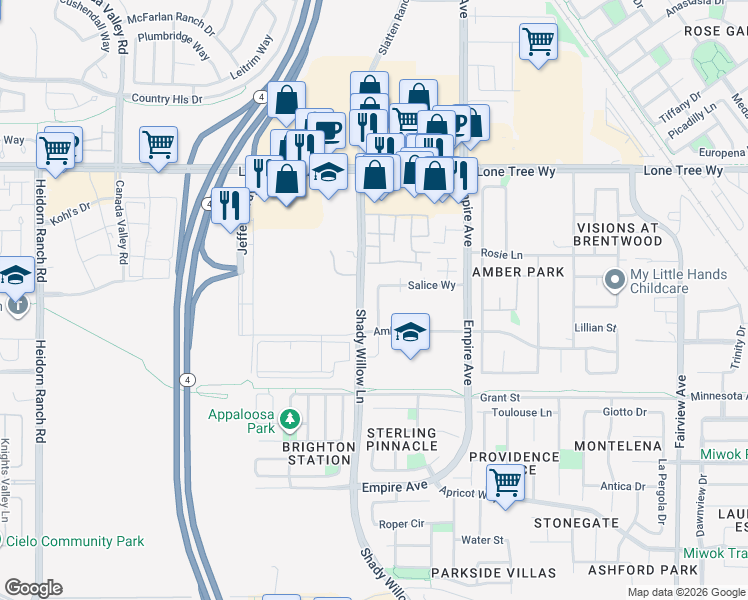 map of restaurants, bars, coffee shops, grocery stores, and more near 2187 Salice Way in Brentwood