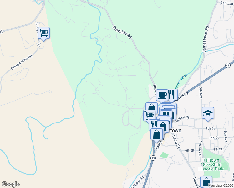 map of restaurants, bars, coffee shops, grocery stores, and more near 18490 Railbed Road in Jamestown
