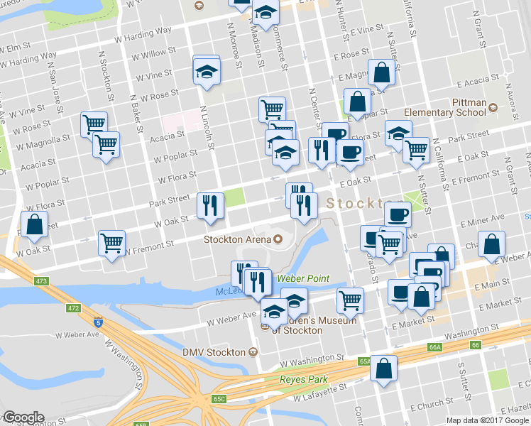 map of restaurants, bars, coffee shops, grocery stores, and more near 519 North Monroe Street in Stockton