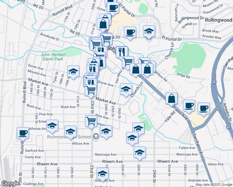 map of restaurants, bars, coffee shops, grocery stores, and more near 1867 Van Ness Street in San Pablo