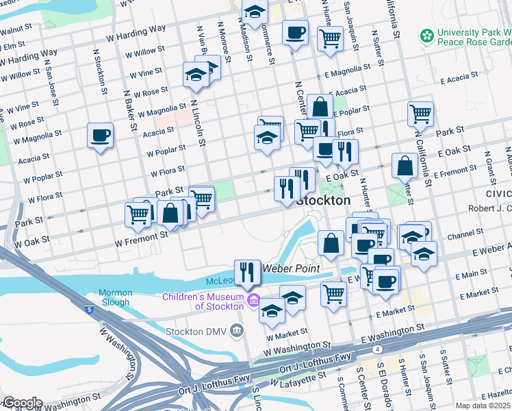 map of restaurants, bars, coffee shops, grocery stores, and more near 519 North Monroe Street in Stockton