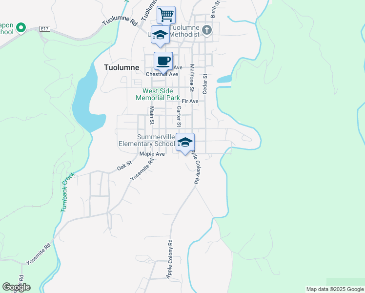 map of restaurants, bars, coffee shops, grocery stores, and more near 18451 Carter Street in Tuolumne