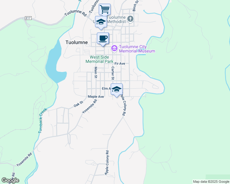 map of restaurants, bars, coffee shops, grocery stores, and more near 18451 Carter Street in Tuolumne