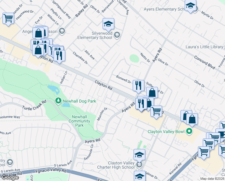 map of restaurants, bars, coffee shops, grocery stores, and more near 5015 Valley Crest Drive in Concord