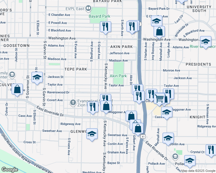 map of restaurants, bars, coffee shops, grocery stores, and more near 1411 E Park Dr in Evansville
