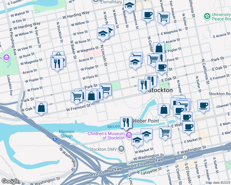 map of restaurants, bars, coffee shops, grocery stores, and more near 436 West Oak Street in Stockton