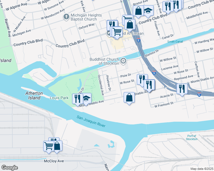 map of restaurants, bars, coffee shops, grocery stores, and more near 1251 Pinetree Drive in Stockton