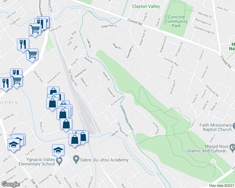 map of restaurants, bars, coffee shops, grocery stores, and more near 90 Terrace Court in Concord