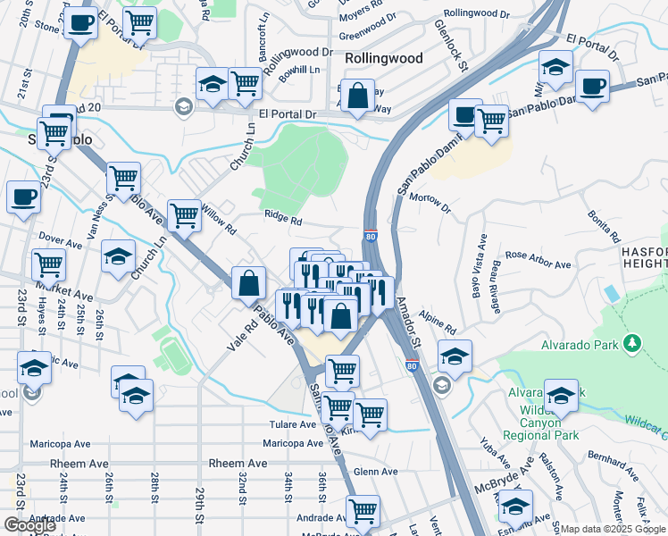 map of restaurants, bars, coffee shops, grocery stores, and more near 2614 Vale Road in San Pablo