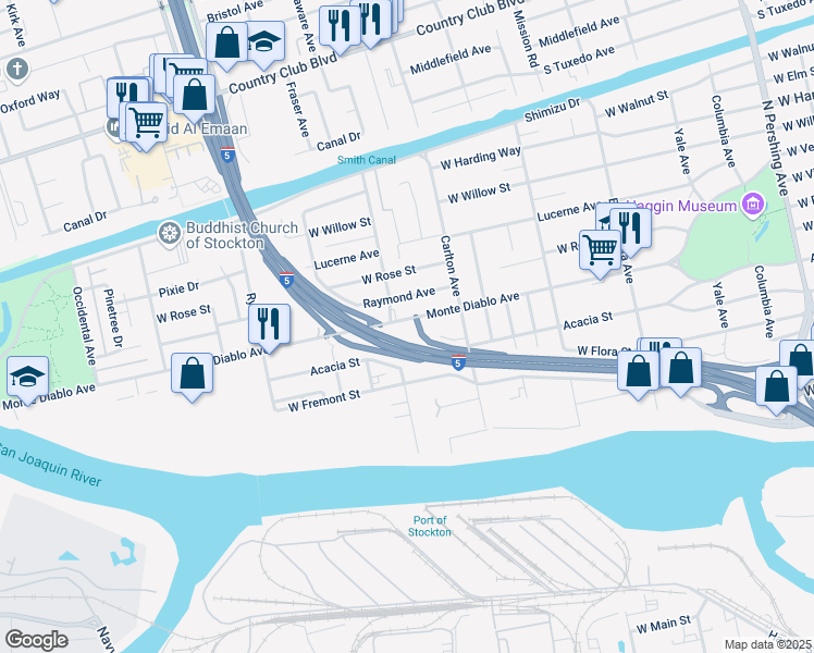 map of restaurants, bars, coffee shops, grocery stores, and more near 2206 Monte Diablo Avenue in Stockton