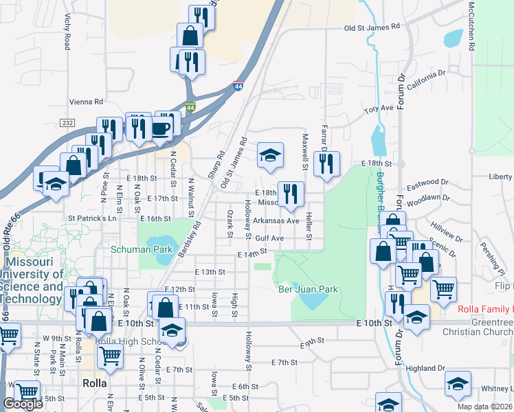 map of restaurants, bars, coffee shops, grocery stores, and more near 904 Missouri Avenue in Rolla
