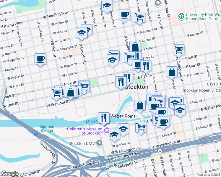 map of restaurants, bars, coffee shops, grocery stores, and more near 528 North Monroe Street in Stockton