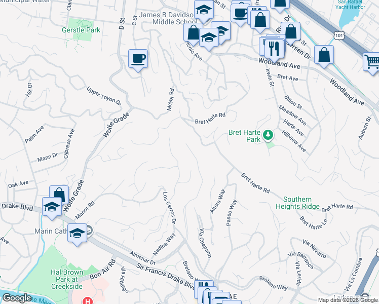 map of restaurants, bars, coffee shops, grocery stores, and more near 369 North Almenar Drive in Larkspur