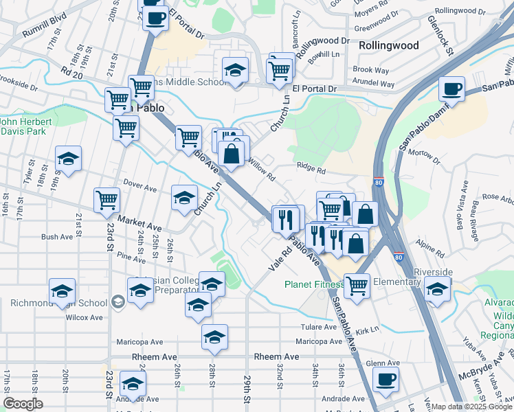 map of restaurants, bars, coffee shops, grocery stores, and more near 13601 San Pablo Avenue in San Pablo