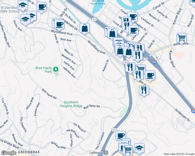 map of restaurants, bars, coffee shops, grocery stores, and more near 148 Auburn Street in San Rafael