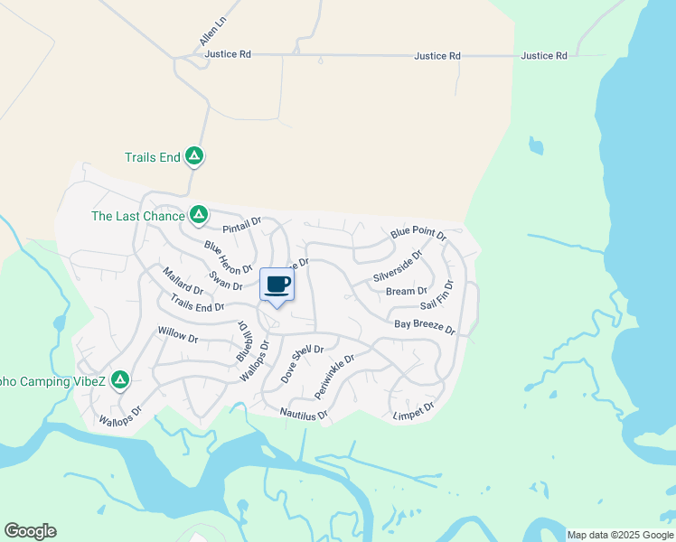 map of restaurants, bars, coffee shops, grocery stores, and more near Bay Breeze Drive in Horntown