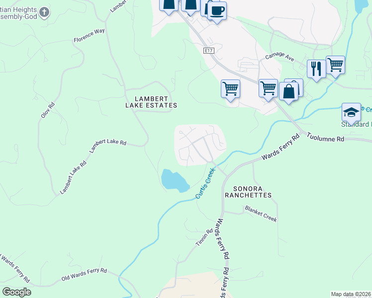 map of restaurants, bars, coffee shops, grocery stores, and more near 18330 Wards Ferry Road in Sonora