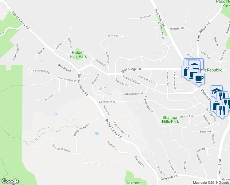 map of restaurants, bars, coffee shops, grocery stores, and more near 655 Byrdee Way in Lafayette