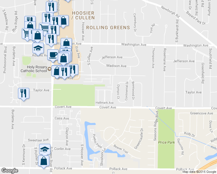 map of restaurants, bars, coffee shops, grocery stores, and more near 5520 Jackson Court in Evansville