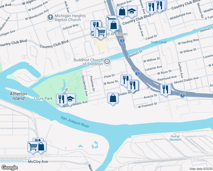 map of restaurants, bars, coffee shops, grocery stores, and more near 2884 West Rose Street in Stockton
