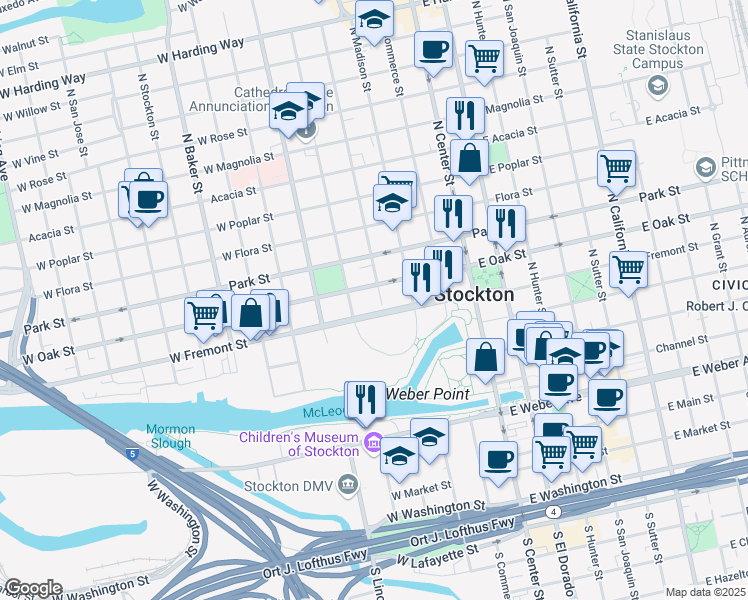 map of restaurants, bars, coffee shops, grocery stores, and more near 338 West Oak Street in Stockton
