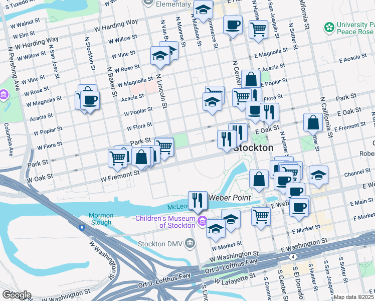 map of restaurants, bars, coffee shops, grocery stores, and more near 338 West Oak Street in Stockton