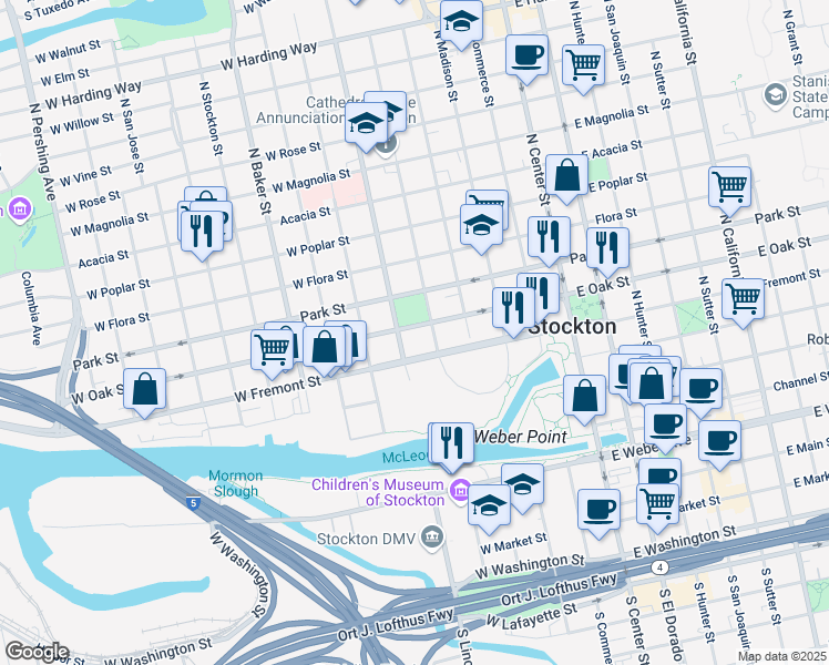map of restaurants, bars, coffee shops, grocery stores, and more near 544 North Lincoln Street in Stockton