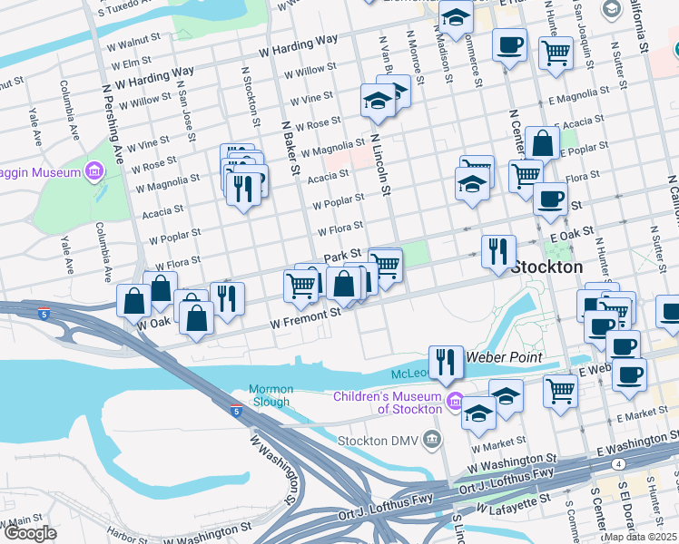 map of restaurants, bars, coffee shops, grocery stores, and more near 628 North Edison Street in Stockton