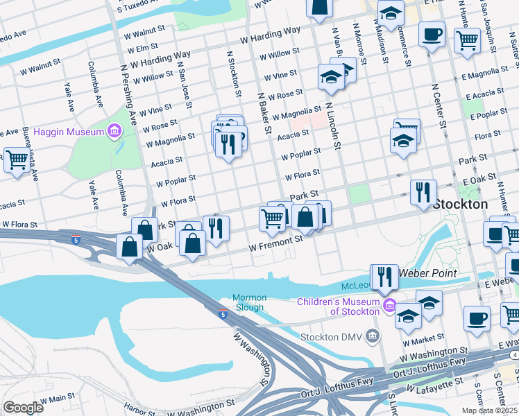 map of restaurants, bars, coffee shops, grocery stores, and more near 705 North Stockton Street in Stockton