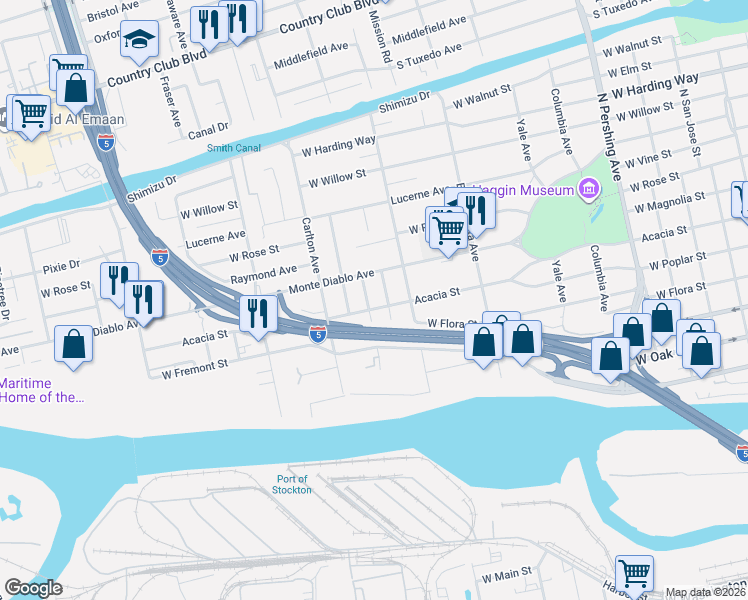 map of restaurants, bars, coffee shops, grocery stores, and more near 1009 Figueroa Street in Stockton
