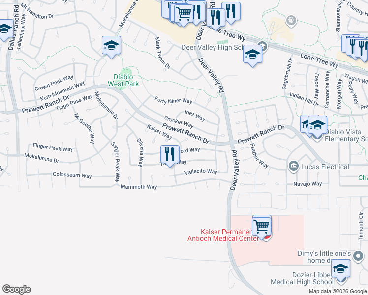 map of restaurants, bars, coffee shops, grocery stores, and more near 2473 Sparrow Court in Antioch