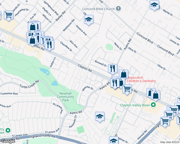map of restaurants, bars, coffee shops, grocery stores, and more near 116 Saint James Parkway in Concord