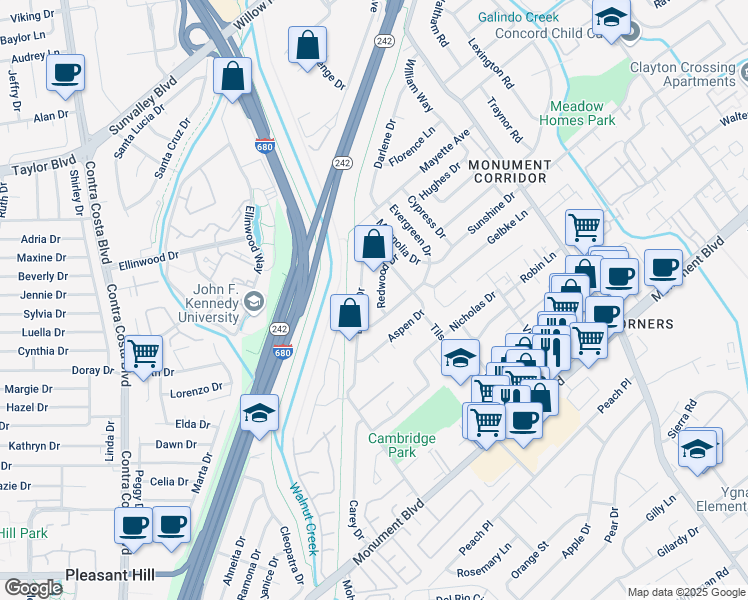 map of restaurants, bars, coffee shops, grocery stores, and more near 1226 Redwood Drive in Concord